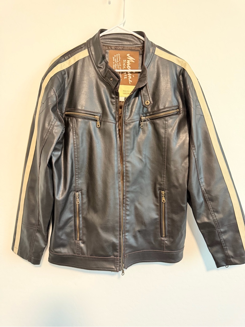 Carhartt Black Leather Jacket with Cream Racing Stripes